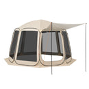 VEVOR sietveida lapene-telts, 366 × 338 × 230 cm, uznirstoša siettelts 10–12 personām ar pagarinātu nojumīti, pārnēsājama nojume ar sieta sāniem un pārnēsāšanas somu, piemērota terasei un āra aktivitātēm, bēša