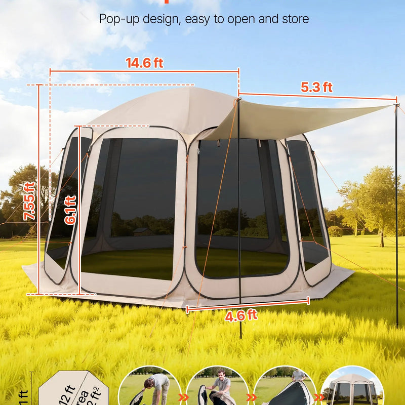 VEVOR sietveida lapene-telts, 366 × 338 × 230 cm, uznirstoša siettelts 10–12 personām ar pagarinātu nojumīti, pārnēsājama nojume ar sieta sāniem un pārnēsāšanas somu, piemērota terasei un āra aktivitātēm, bēša