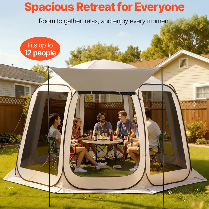 VEVOR sietveida lapene-telts, 366 × 338 × 230 cm, uznirstoša siettelts 10–12 personām ar pagarinātu nojumīti, pārnēsājama nojume ar sieta sāniem un pārnēsāšanas somu, piemērota terasei un āra aktivitātēm, bēša
