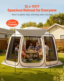 VEVOR sietveida lapene-telts, 366 × 338 × 230 cm, uznirstoša siettelts 10–12 personām ar pagarinātu nojumīti, pārnēsājama nojume ar sieta sāniem un pārnēsāšanas somu, piemērota terasei un āra aktivitātēm, bēša