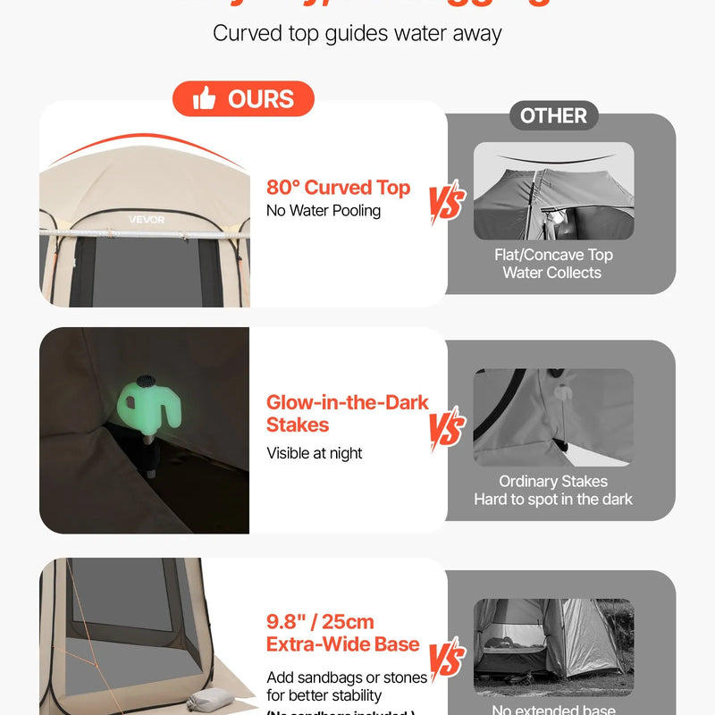VEVOR sietveida lapene-telts, 366 × 338 × 230 cm, uznirstoša siettelts 10–12 personām ar pagarinātu nojumīti, pārnēsājama nojume ar sieta sāniem un pārnēsāšanas somu, piemērota terasei un āra aktivitātēm, bēša