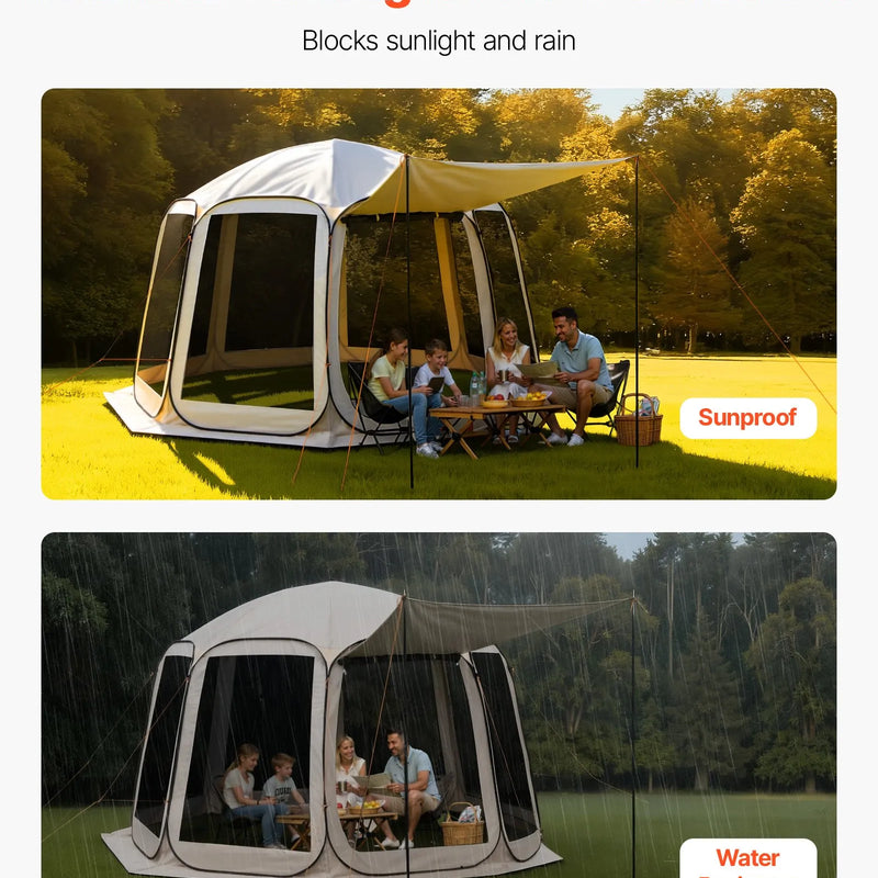 VEVOR sietveida lapene-telts, 366 × 338 × 230 cm, uznirstoša siettelts 10–12 personām ar pagarinātu nojumīti, pārnēsājama nojume ar sieta sāniem un pārnēsāšanas somu, piemērota terasei un āra aktivitātēm, bēša