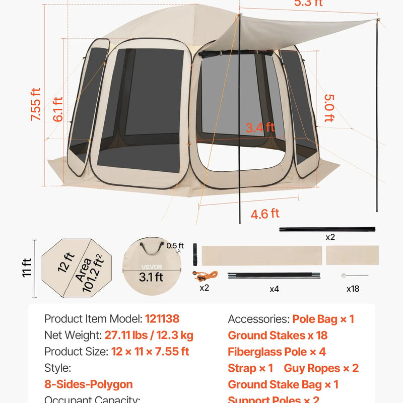 VEVOR sietveida lapene-telts, 366 × 338 × 230 cm, uznirstoša siettelts 10–12 personām ar pagarinātu nojumīti, pārnēsājama nojume ar sieta sāniem un pārnēsāšanas somu, piemērota terasei un āra aktivitātēm, bēša