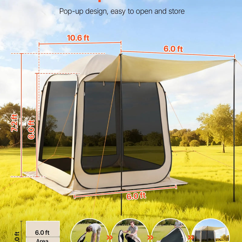 VEVOR sietveida lapene-telts, 183 × 183 × 220 cm, uznirstoša siettelts 4–6 personām ar pagarinātu nojumīti, pārnēsājama nojume ar sieta sāniem un pārnēsāšanas somu, piemērota terasei un āra aktivitātēm, bēša