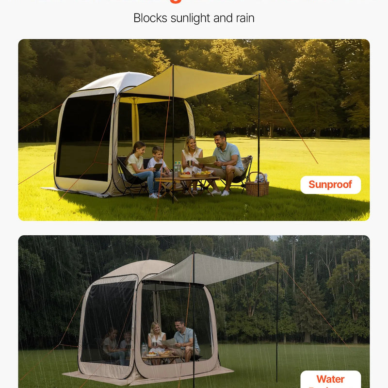 VEVOR sietveida lapene-telts, 183 × 183 × 220 cm, uznirstoša siettelts 4–6 personām ar pagarinātu nojumīti, pārnēsājama nojume ar sieta sāniem un pārnēsāšanas somu, piemērota terasei un āra aktivitātēm, bēša