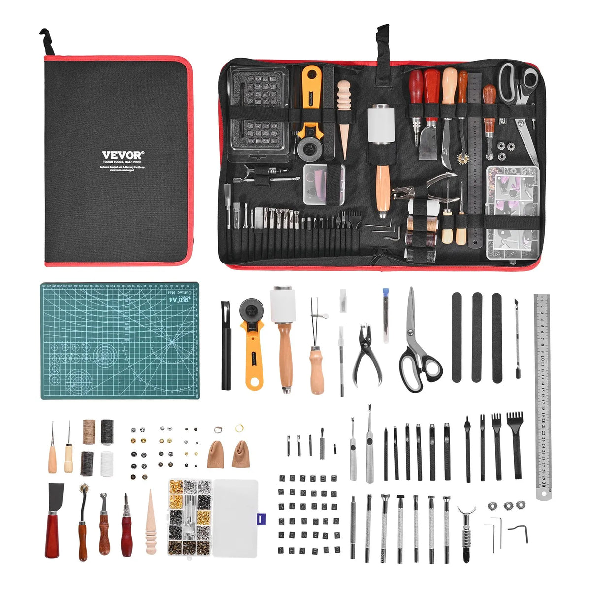 VEVOR Leather Working Tool Set, 61 Pieces, with Portable Canvas Storage Bag, Engraving, Punching, Stitching, Stamping and Sanding Tools for Beginners, DIY Enthusiasts and Professionals