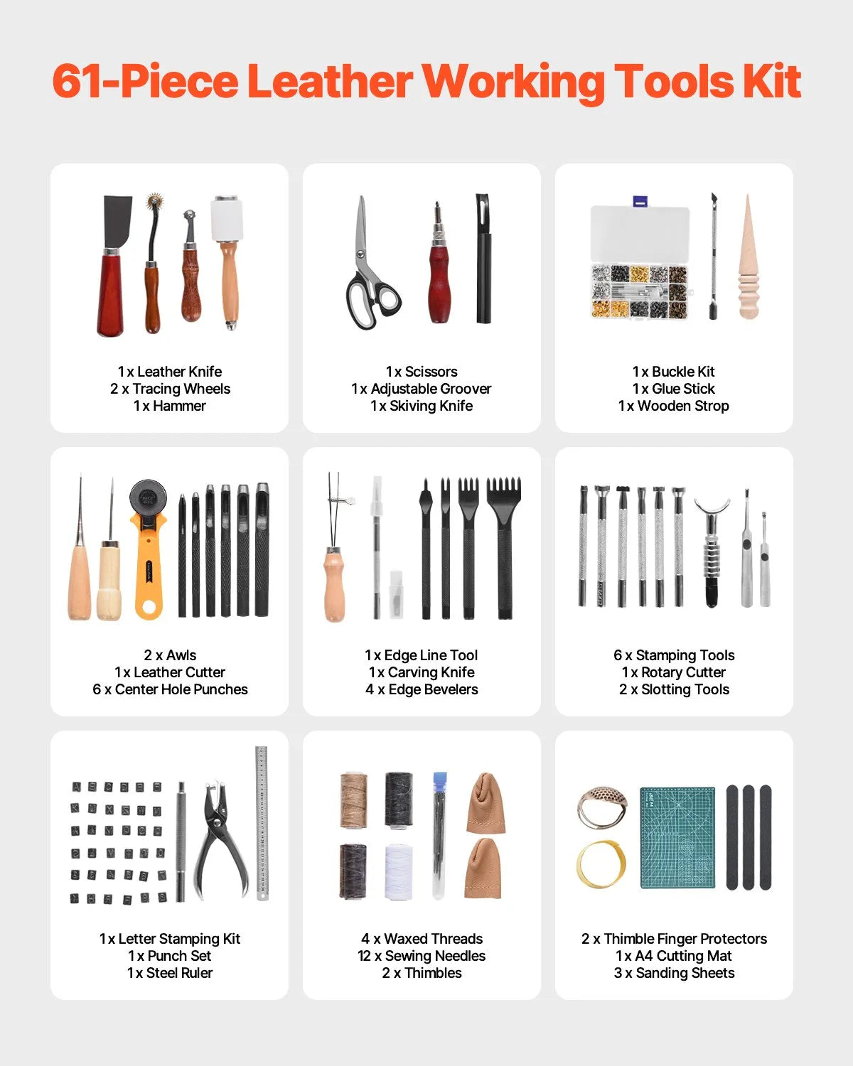 VEVOR Leather Working Tool Set, 61 Pieces, with Portable Canvas Storage Bag, Engraving, Punching, Stitching, Stamping and Sanding Tools for Beginners, DIY Enthusiasts and Professionals