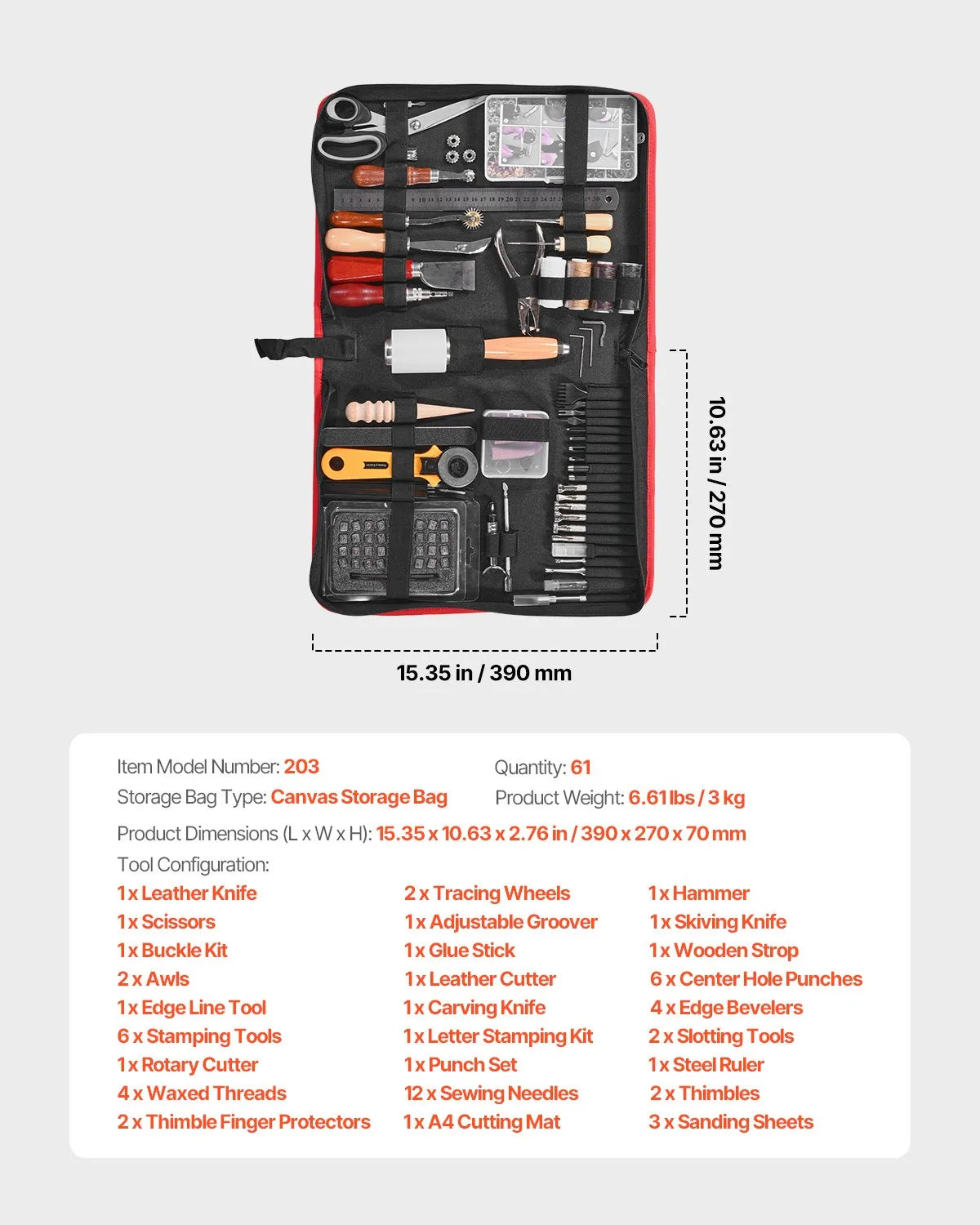 VEVOR Leather Working Tool Set, 61 Pieces, with Portable Canvas Storage Bag, Engraving, Punching, Stitching, Stamping and Sanding Tools for Beginners, DIY Enthusiasts and Professionals