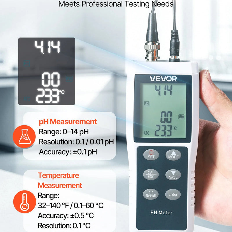 VEVOR pH mērītājs 0–14 pH, IP68 ūdensizturīga zonde, 3 punktu automātiskā kalibrēšana, pārnēsājams testeris ar kalibrēšanas pulveriem, temperatūras zondi un uzglabāšanas koferi dzeramajam ūdenim un hidroponikai