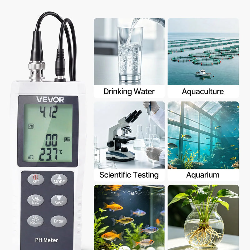 VEVOR pH mērītājs 0–14 pH, IP68 ūdensizturīga zonde, 3 punktu automātiskā kalibrēšana, pārnēsājams testeris ar kalibrēšanas pulveriem, temperatūras zondi un uzglabāšanas koferi dzeramajam ūdenim un hidroponikai