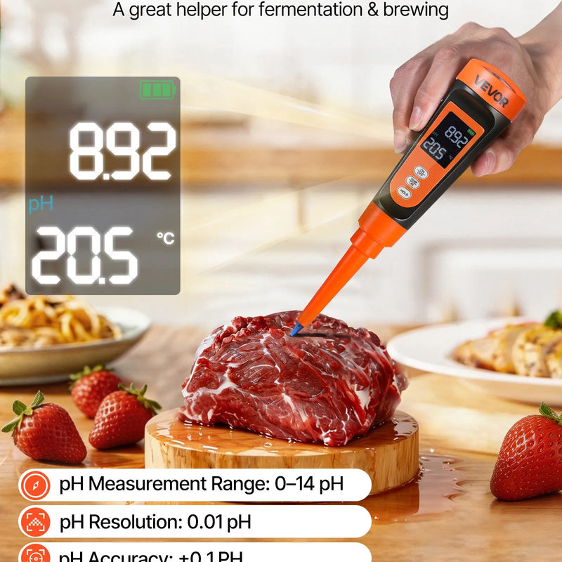 VEVOR pārtikas pH mērītājs 0–14 pH, IP68 ūdensizturīgs zondes testers ar automātisku temperatūras kompensāciju un kalibrēšanas pulveriem, pārtikas fermentācijai, mīklai un gaļai