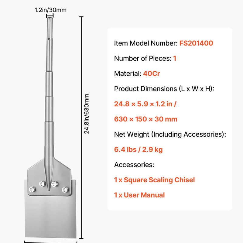 VEVOR SDS Max grīdas skrāpis 630 × 150 mm, kalta uzgalis ar SDS Max kātu, perforatoriem, termiski apstrādāts 40Cr leģētais tērauds lamināta, flīžu un javas noņemšanai