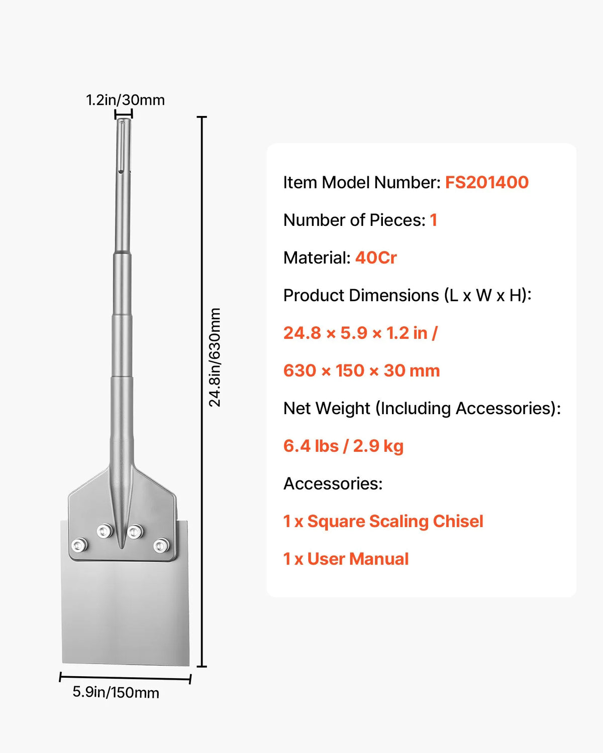 VEVOR SDS Max grīdas skrāpis 630 × 150 mm, kalta uzgalis ar SDS Max kātu, perforatoriem, termiski apstrādāts 40Cr leģētais tērauds lamināta, flīžu un javas noņemšanai