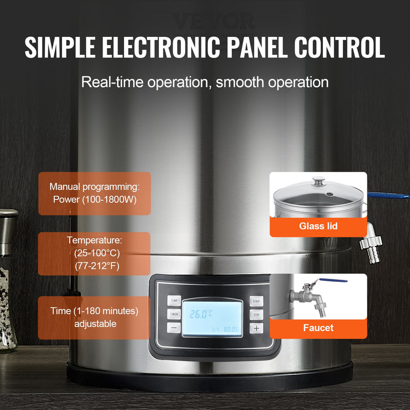 VEVOR elektriskā alus brūvēšanas sistēma, 30 l katls, 304 nerūsējošais tērauds, stikla vāks, rokturis, krāns, elektroniska vadība