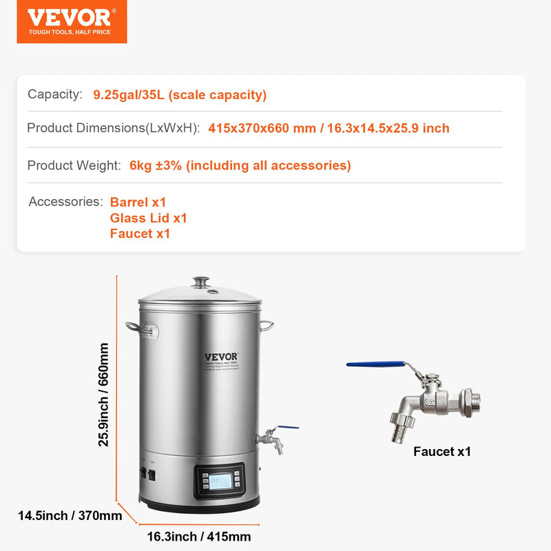 VEVOR elektriskā alus brūvēšanas sistēma, 30 l katls, 304 nerūsējošais tērauds, stikla vāks, rokturis, krāns, elektroniska vadība