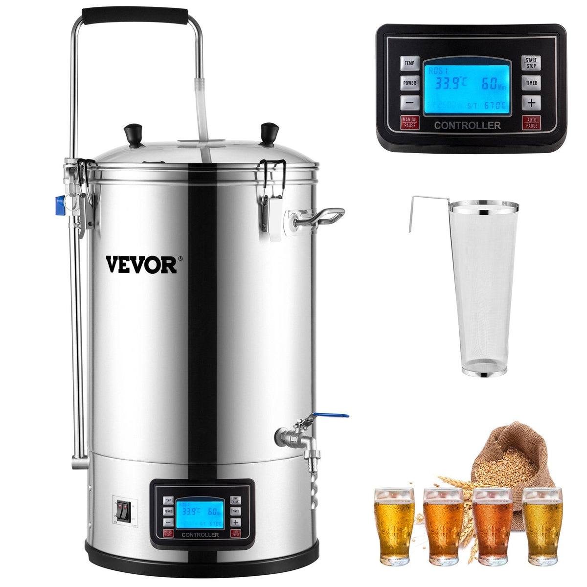 VEVOR Electric Beer Brewing System 30 L, 200–2500 W, with Timer, Circulation Pump and Recipe Memory