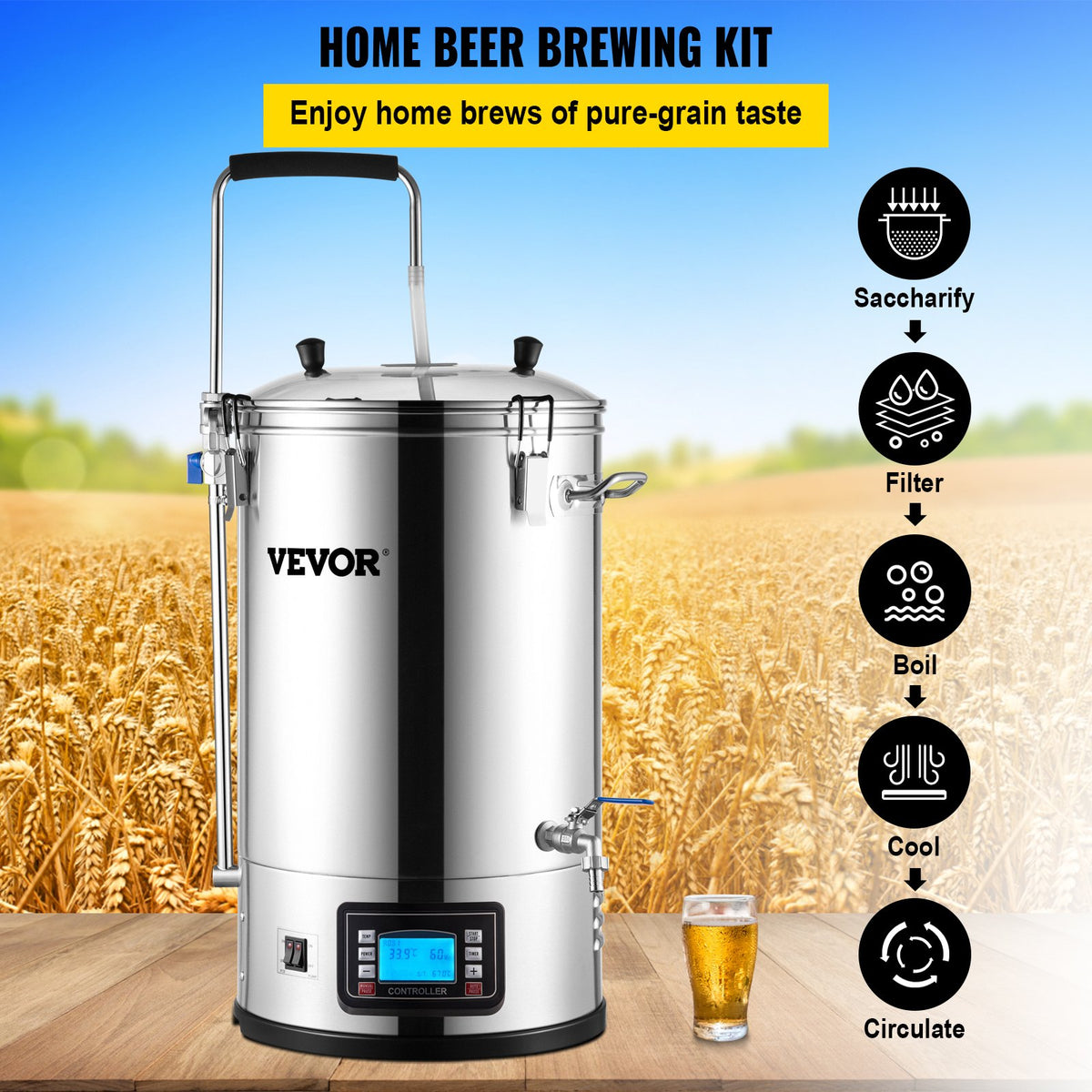 VEVOR Electric Beer Brewing System 30 L, 200–2500 W, with Timer, Circulation Pump and Recipe Memory