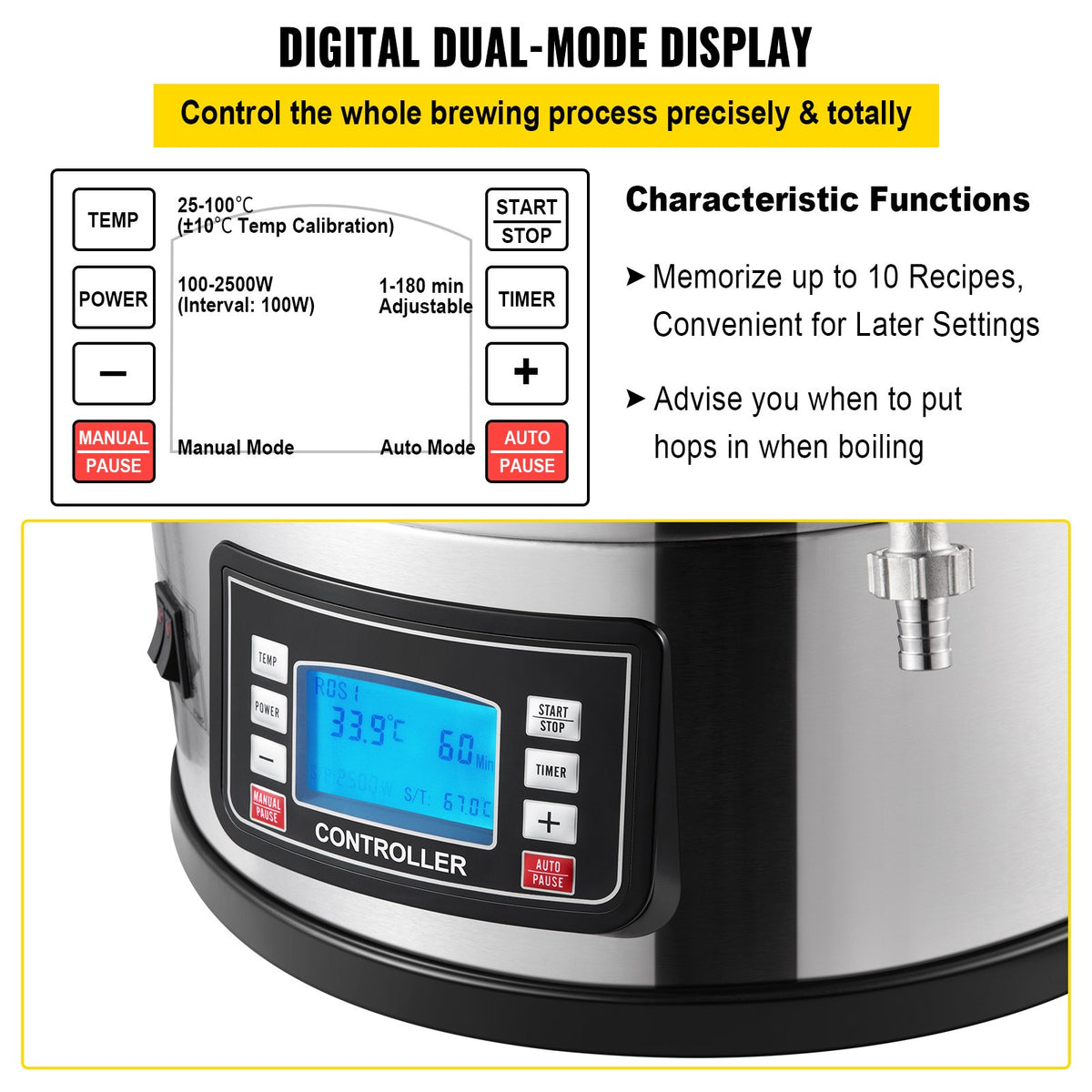 VEVOR Electric Beer Brewing System 30 L, 200–2500 W, with Timer, Circulation Pump and Recipe Memory