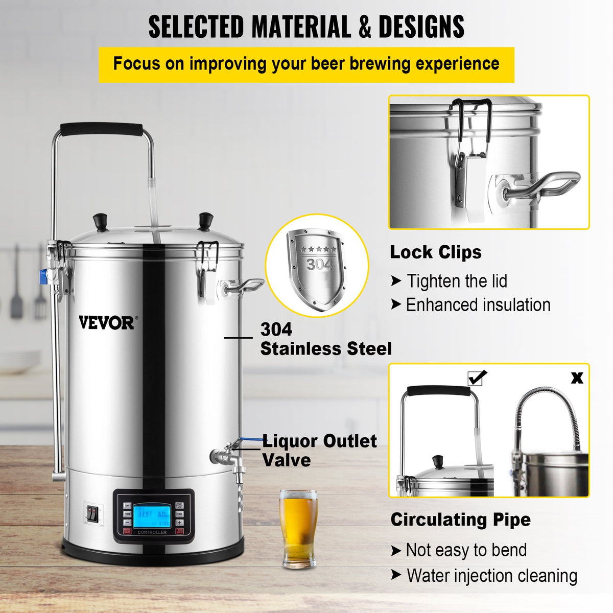 VEVOR Electric Beer Brewing System 30 L, 200–2500 W, with Timer, Circulation Pump and Recipe Memory