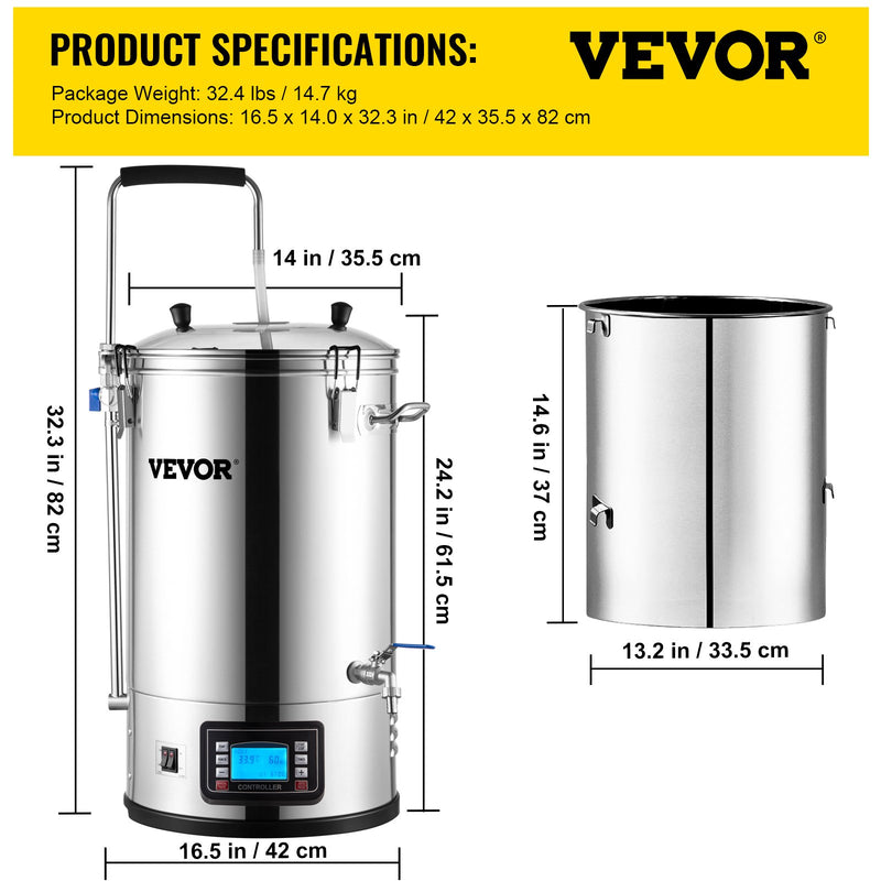 VEVOR elektriskā alus brūvēšanas sistēma, 30 L, 100–2500W, 25–100°C, ar auto/manuālo režīmu, taimeri, cirkulācijas sūkni un receptes atmiņu, 220V