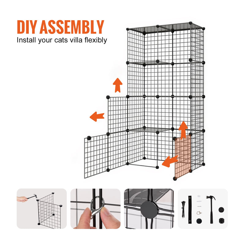 VEVOR liels divlīmeņu kaķu būris 71 x 71 x 71 cm metāla režģa voljērs ar kāpnēm