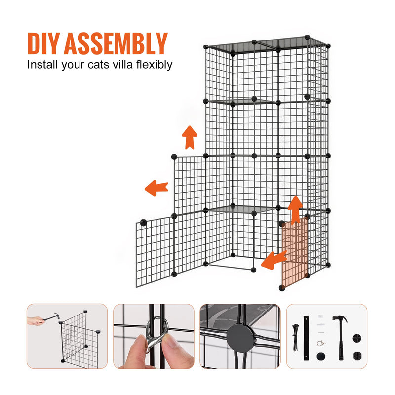 VEVOR liels 4-stāvu kaķu būris 104 x 36 x 140 cm metāla stieples būris ar šūpuļkrēslu