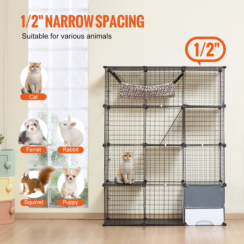 VEVOR liels 4-stāvu kaķu būris 104 x 36 x 140 cm metāla stieples būris ar šūpuļkrēslu