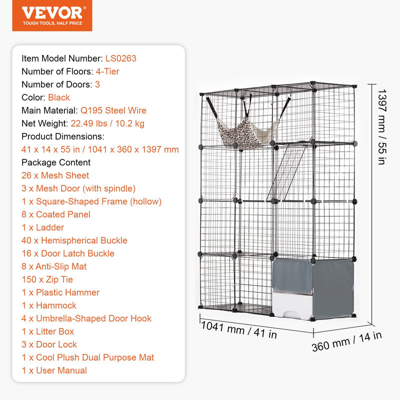 VEVOR liels 4-stāvu kaķu būris 104 x 36 x 140 cm metāla stieples būris ar šūpuļkrēslu
