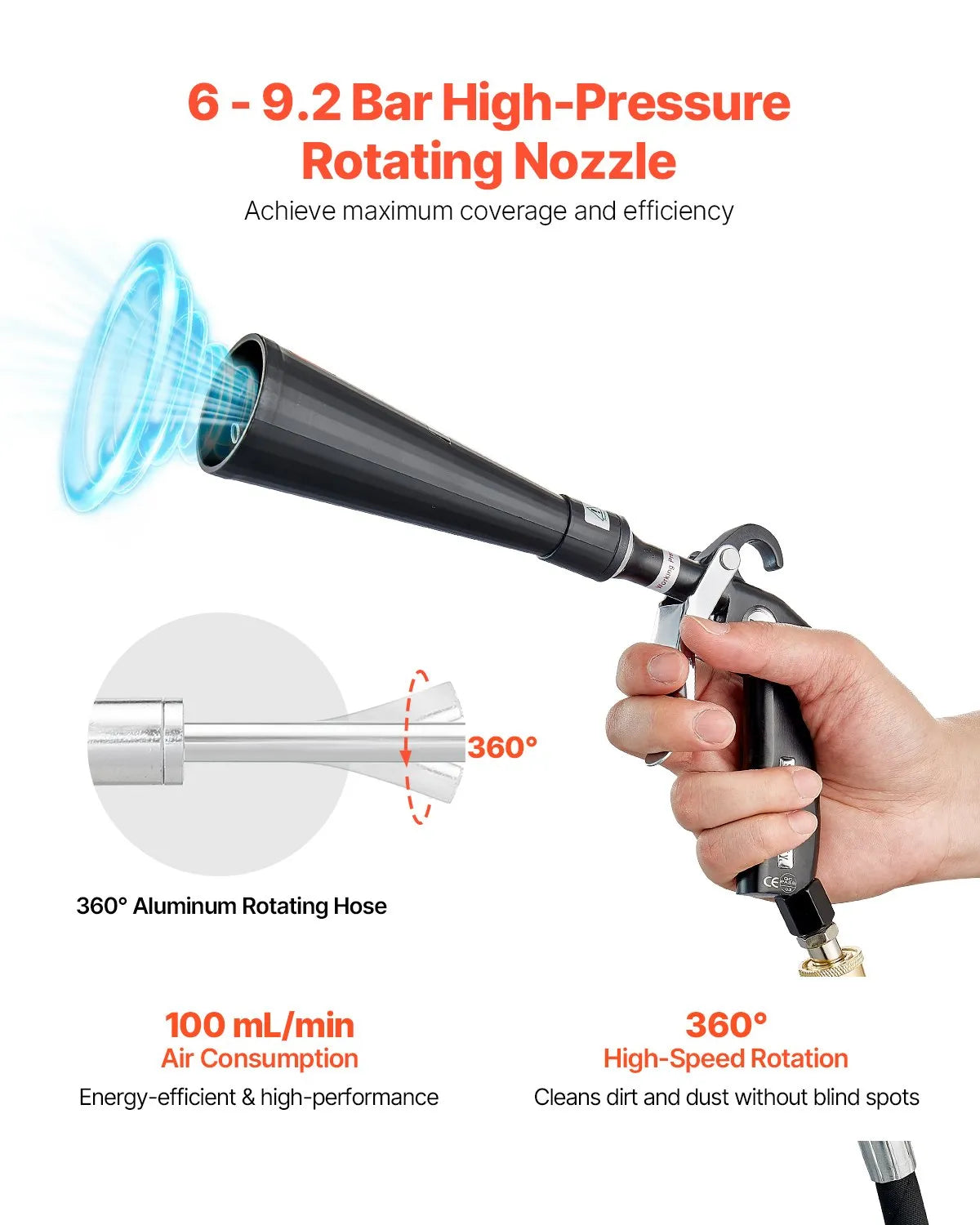 VEVOR High-Pressure Car Washing Gun, 6–9.2 bar, with 2 Nozzles, 360° Rotating Connector and 1/4 NPT Connection