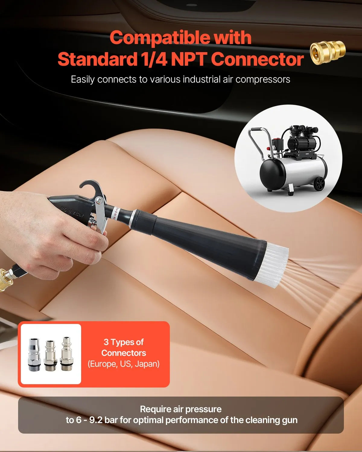 VEVOR High-Pressure Car Washing Gun, 6–9.2 bar, with 2 Nozzles, 360° Rotating Connector and 1/4 NPT Connection