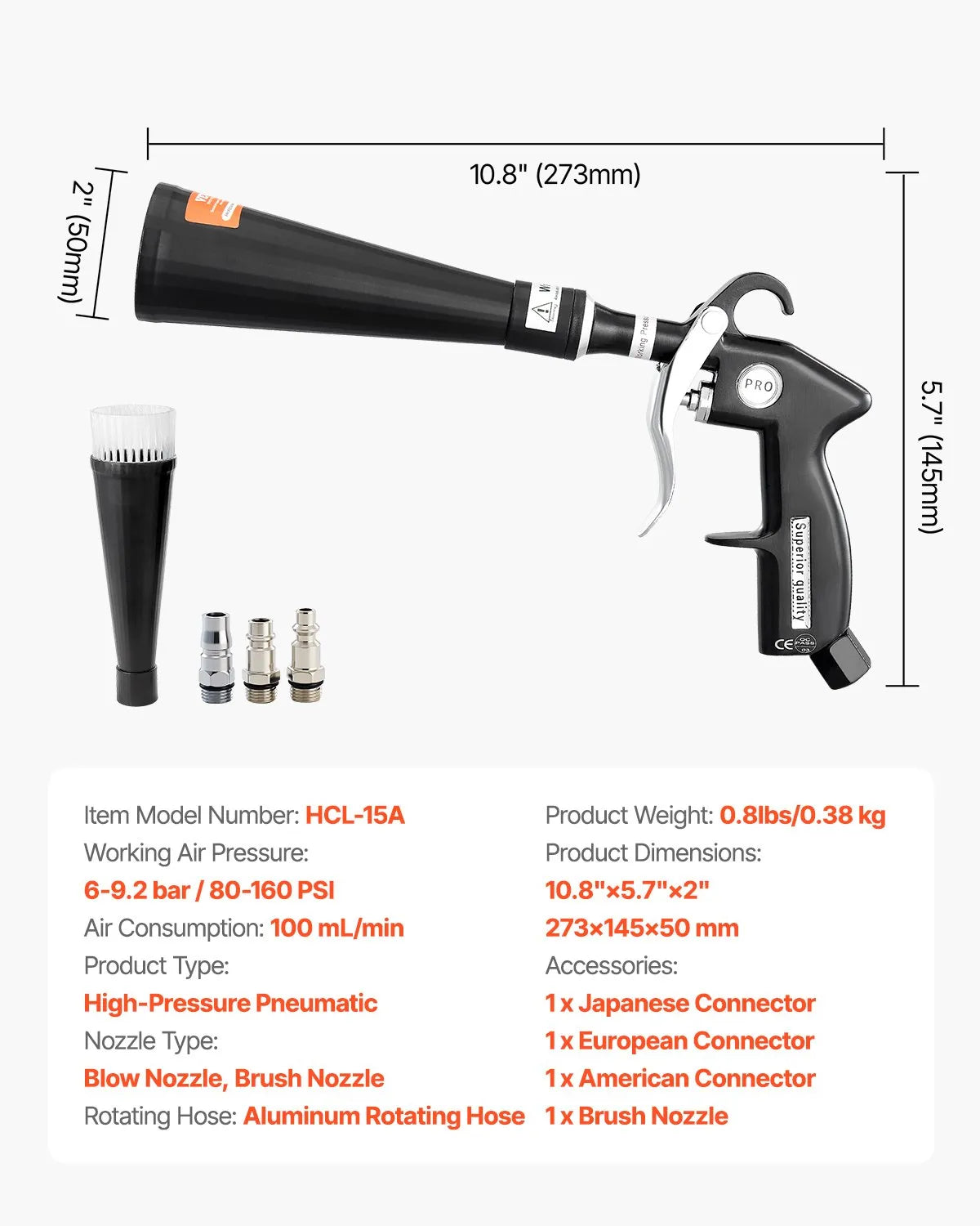 VEVOR High-Pressure Car Washing Gun, 6–9.2 bar, with 2 Nozzles, 360° Rotating Connector and 1/4 NPT Connection