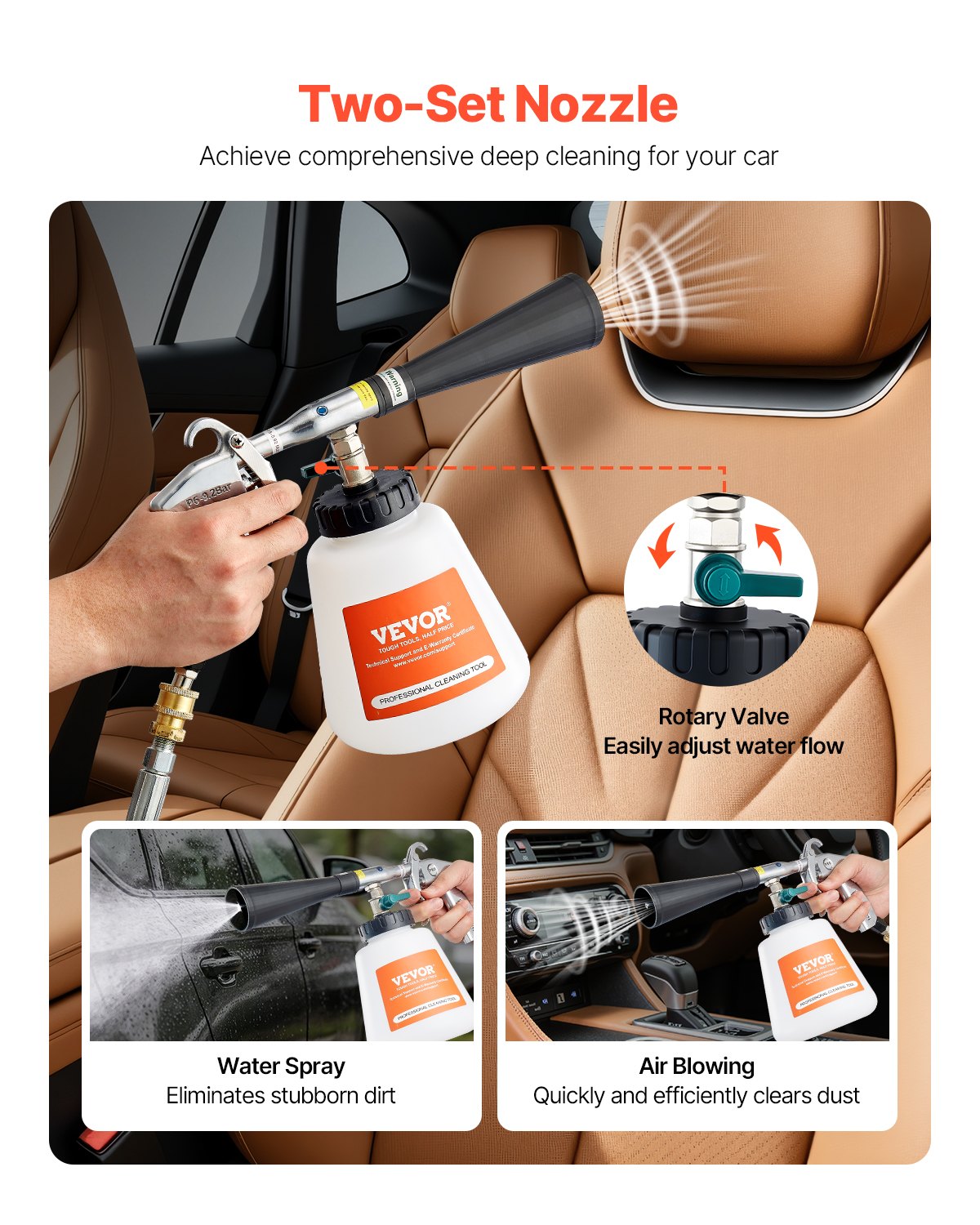 VEVOR High-Pressure Car Washing Gun, 6–9.2 bar, with 2 Nozzles, 1 l Fluid Tank and 1/4 NPT Connection