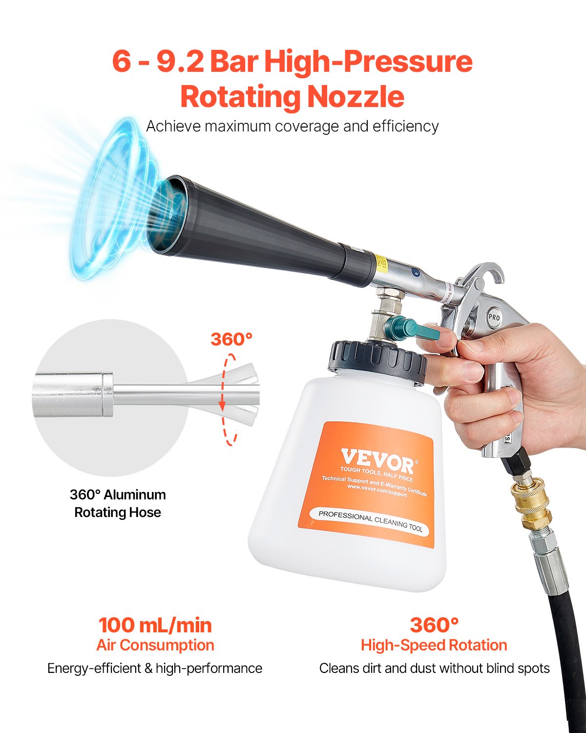 VEVOR High-Pressure Car Washing Gun, 6–9.2 bar, with 2 Nozzles, 1 l Fluid Tank and 1/4 NPT Connection