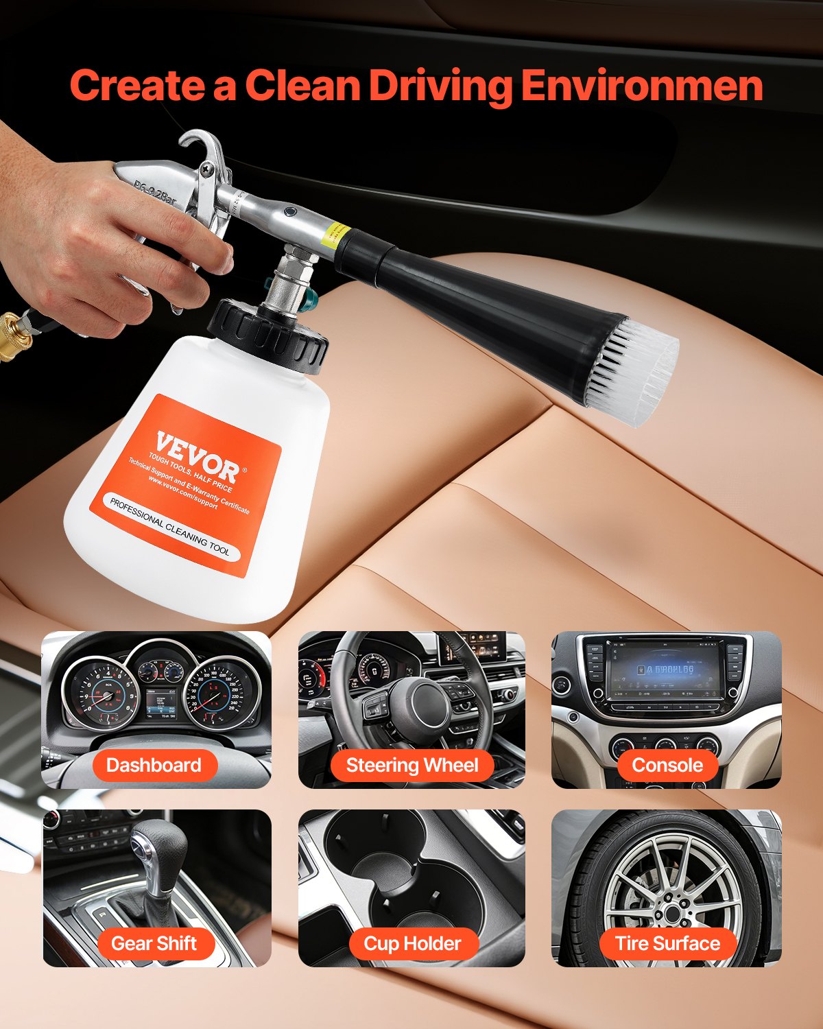 VEVOR High-Pressure Car Washing Gun, 6–9.2 bar, with 2 Nozzles, 1 l Fluid Tank and 1/4 NPT Connection