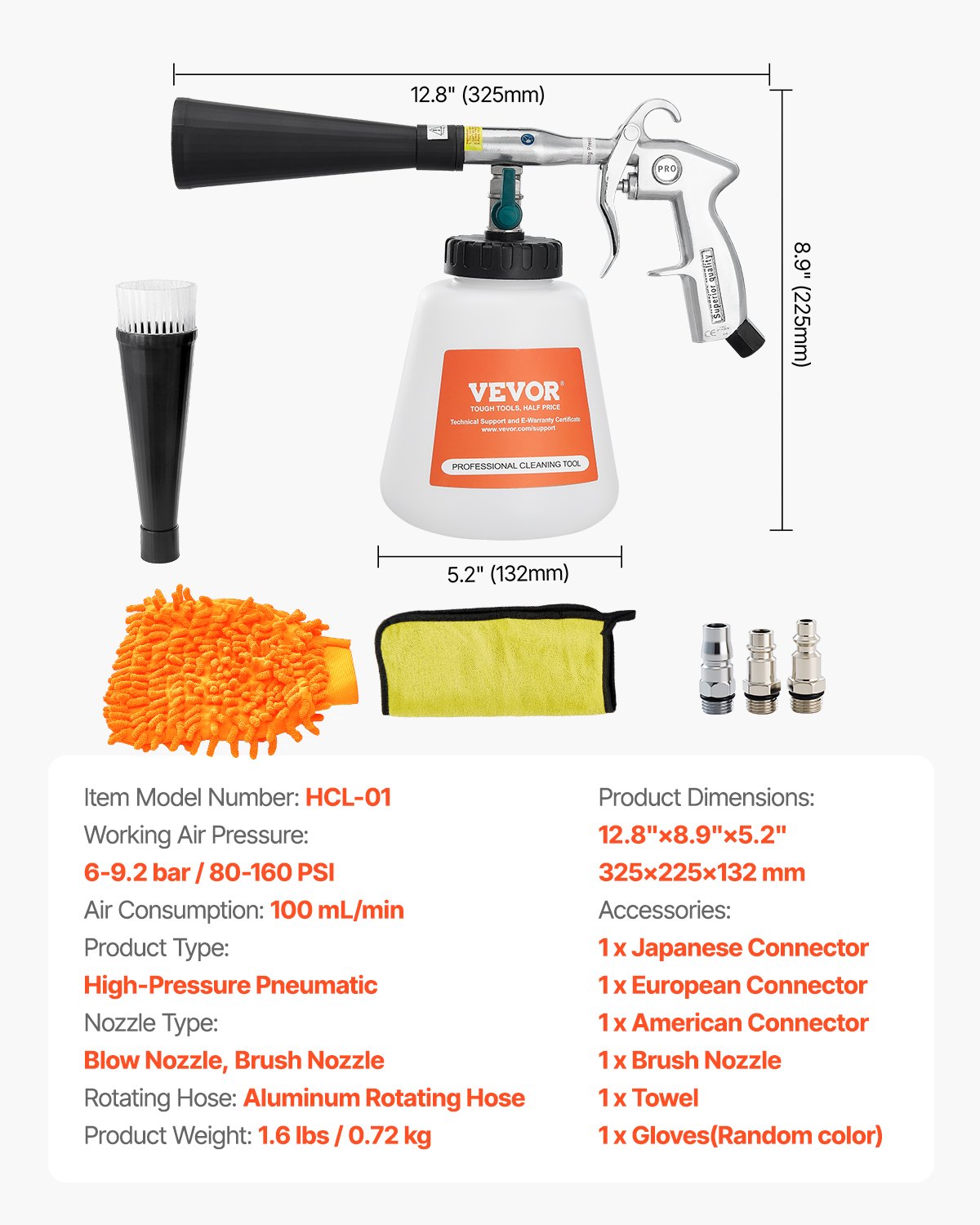 VEVOR High-Pressure Car Washing Gun, 6–9.2 bar, with 2 Nozzles, 1 l Fluid Tank and 1/4 NPT Connection