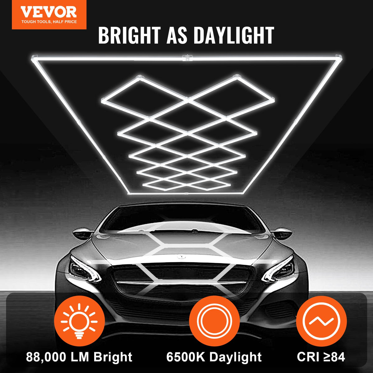 4.8 x 2.4m Square LED Garage Light, 88,000 lm, 14-Section Bright Lighting for Auto Parts Workshops, 4840 x 2433 x 42 mm, Cool White 6500K