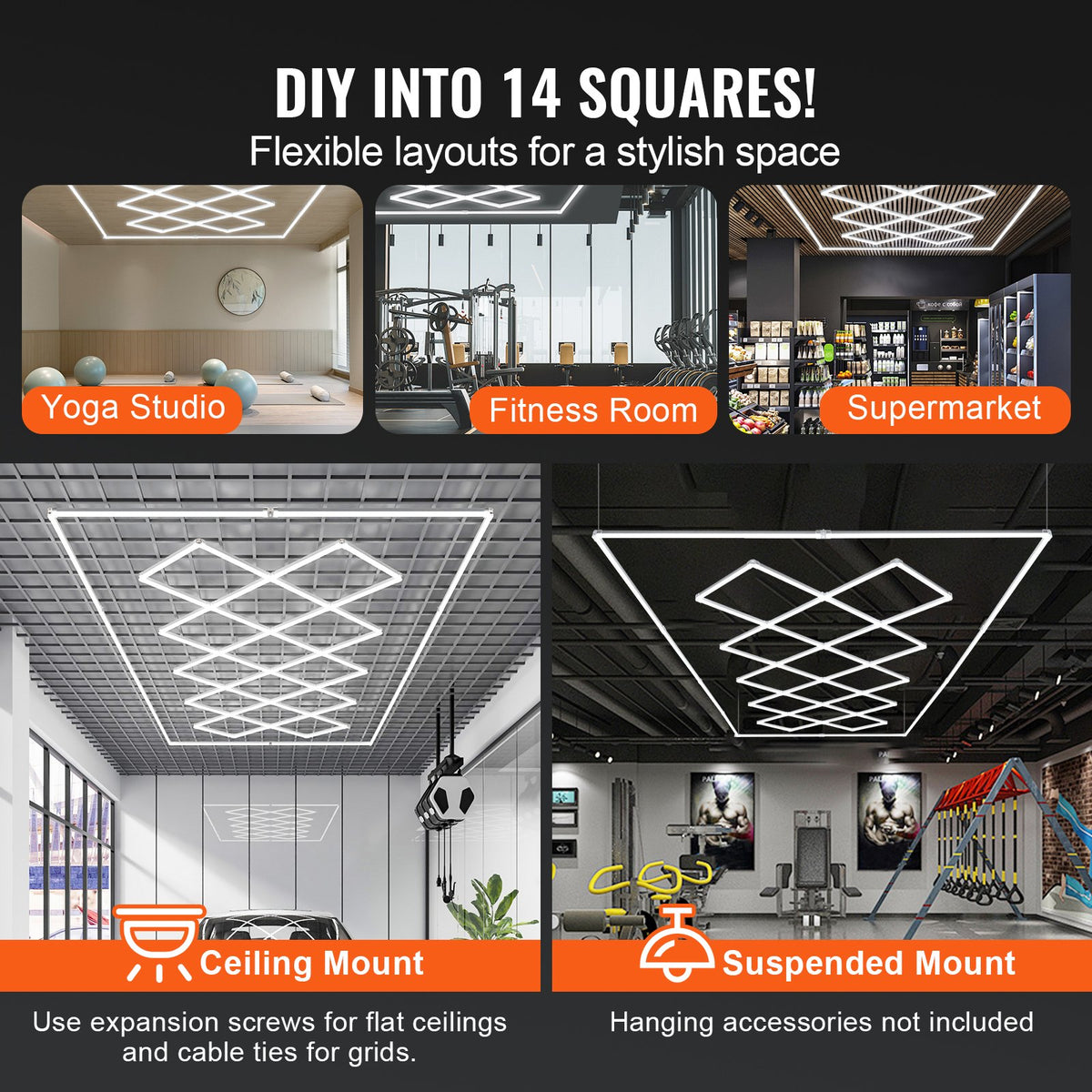 4.8 x 2.4m Square LED Garage Light, 88,000 lm, 14-Section Bright Lighting for Auto Parts Workshops, 4840 x 2433 x 42 mm, Cool White 6500K