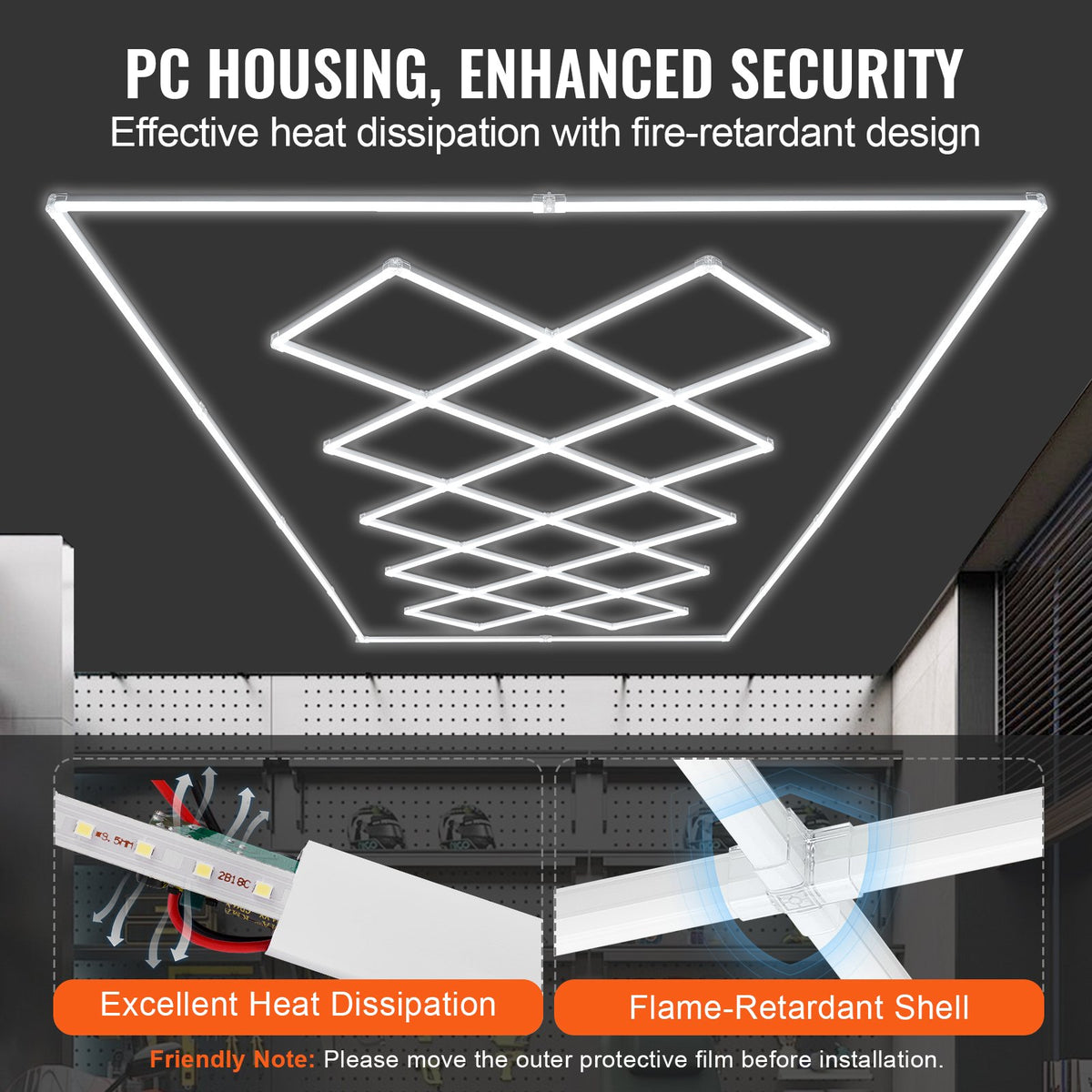 4.8 x 2.4m Square LED Garage Light, 88,000 lm, 14-Section Bright Lighting for Auto Parts Workshops, 4840 x 2433 x 42 mm, Cool White 6500K