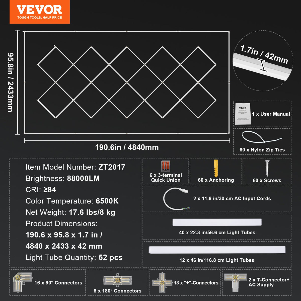 4.8 x 2.4m Square LED Garage Light, 88,000 lm, 14-Section Bright Lighting for Auto Parts Workshops, 4840 x 2433 x 42 mm, Cool White 6500K