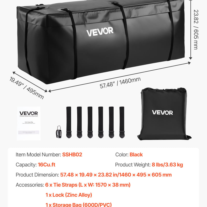 VEVOR piekabes bagāžas soma, ūdensizturīgs 840D PVC, 146 x 50 x 60 cm (453 l), izturīga kravas soma ar pastiprinātām siksnām, piemērota auto, SUV un furgonu piekabes bagāžas grozam - ZEMLETES.LV
