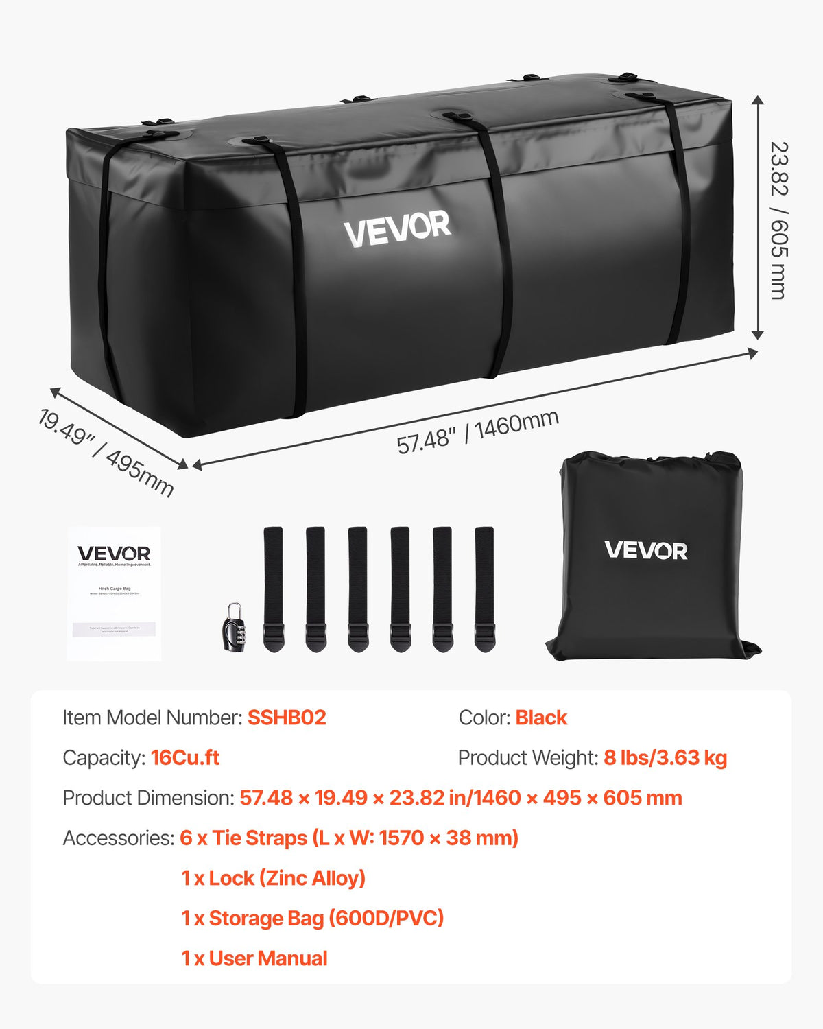 VEVOR piekabes bagāžas soma, ūdensizturīgs 840D PVC, 146 x 50 x 60 cm (453 l), izturīga kravas soma ar pastiprinātām siksnām, piemērota auto, SUV un furgonu piekabes bagāžas grozam - ZEMLETES.LV