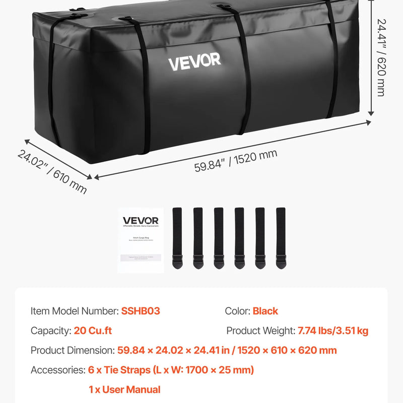 VEVOR piekabes bagāžas soma, ūdensizturīgs 840D PVC, 152 x 61 x 62 cm (566 l), izturīga kravas soma ar 6 pastiprinātām siksnām, piemērota auto un furgonu piekabes bagāžas grozam - ZEMLETES.LV