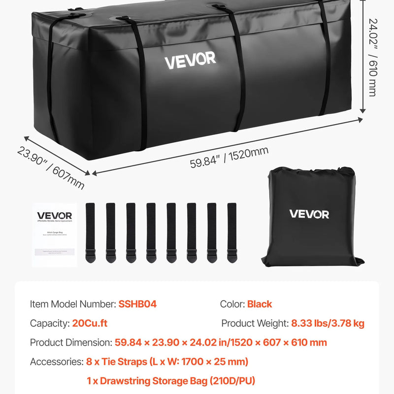 VEVOR piekabes bagāžas soma, ūdensizturīgs 840D PVC, 152 x 61 x 61 cm (566 l), izturīga kravas soma ar 8 pastiprinātām siksnām, piemērota auto un furgonu piekabes bagāžas grozam - ZEMLETES.LV