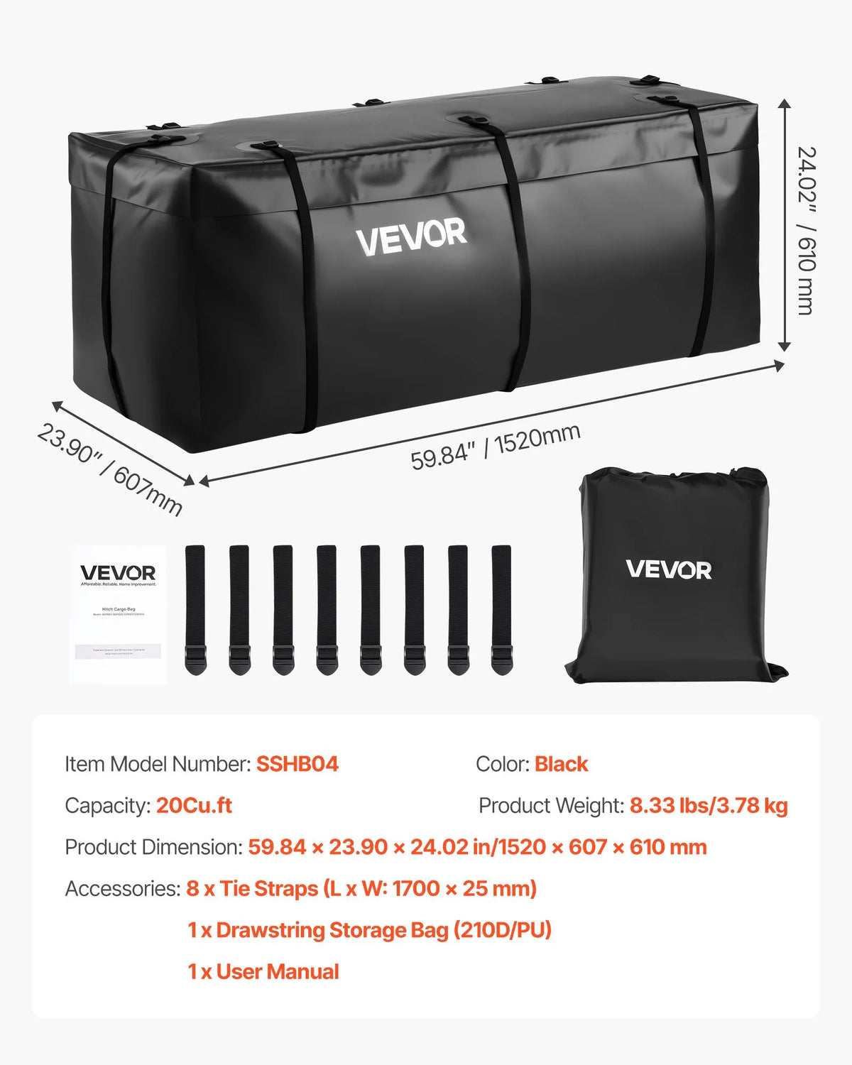VEVOR piekabes bagāžas soma, ūdensizturīgs 840D PVC, 152 x 61 x 61 cm (566 l), izturīga kravas soma ar 8 pastiprinātām siksnām, piemērota auto un furgonu piekabes bagāžas grozam - ZEMLETES.LV