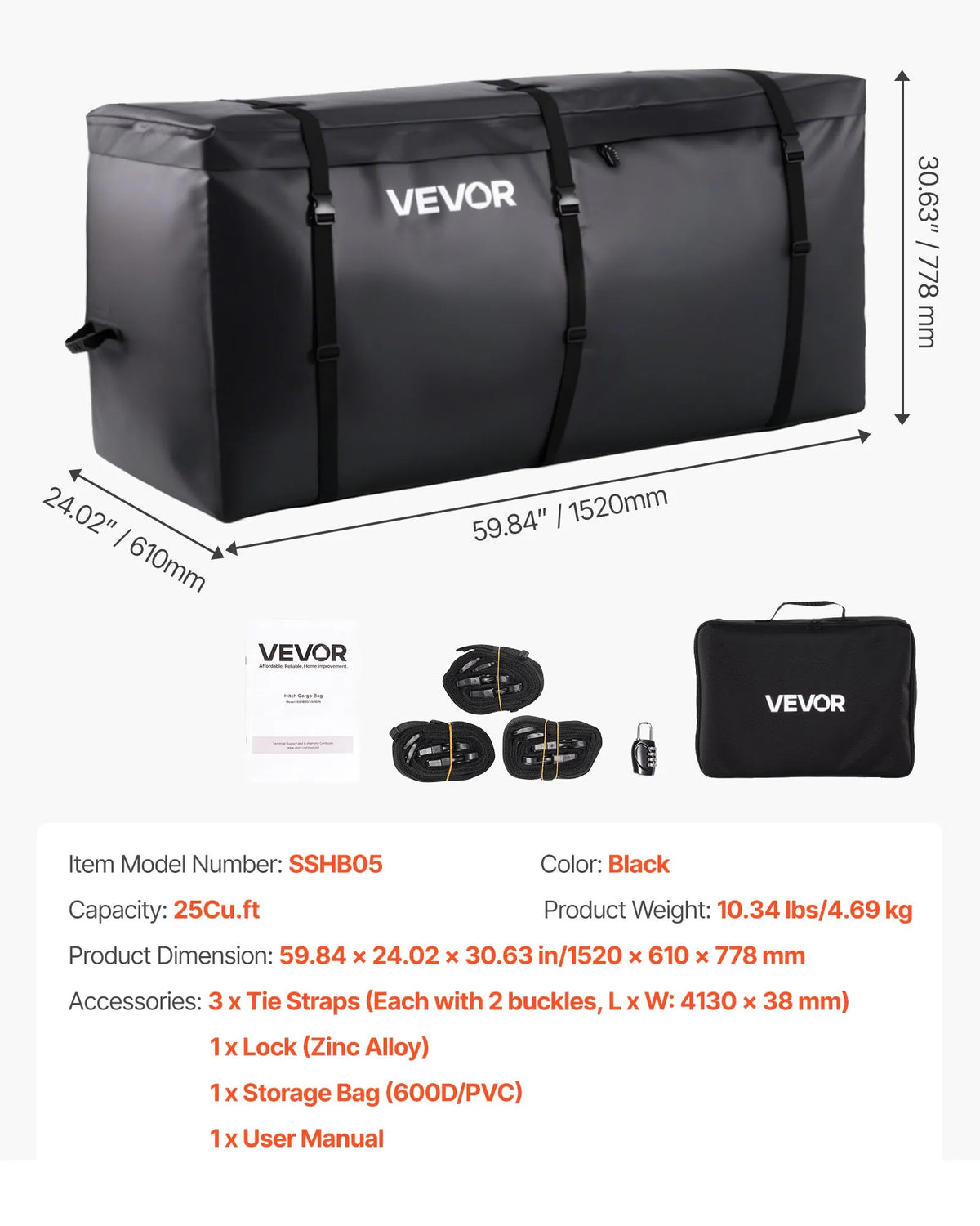 VEVOR piekabes bagāžas soma, ūdensizturīgs 840D PVC, 152 x 61 x 78 cm (708 l), izturīga kravas soma ar pastiprinātām siksnām, piemērota auto, SUV un furgonu piekabes bagāžas grozam - ZEMLETES.LV