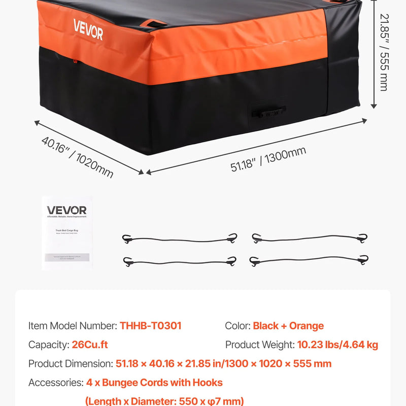 VEVOR kravas kastes bagāžas soma, ūdensizturīgs 840D PVC, 130 x 102 x 55 cm (736 l), izturīga kravas soma ar 4 elastīgām stiprinājuma auklām ar āķiem, piemērota SUV un pikapiem - ZEMLETES.LV