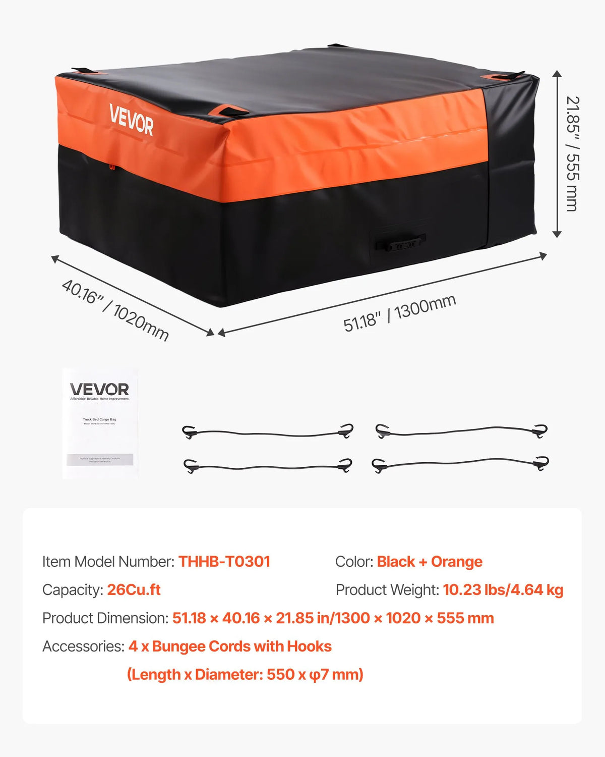 VEVOR kravas kastes bagāžas soma, ūdensizturīgs 840D PVC, 130 x 102 x 55 cm (736 l), izturīga kravas soma ar 4 elastīgām stiprinājuma auklām ar āķiem, piemērota SUV un pikapiem - ZEMLETES.LV