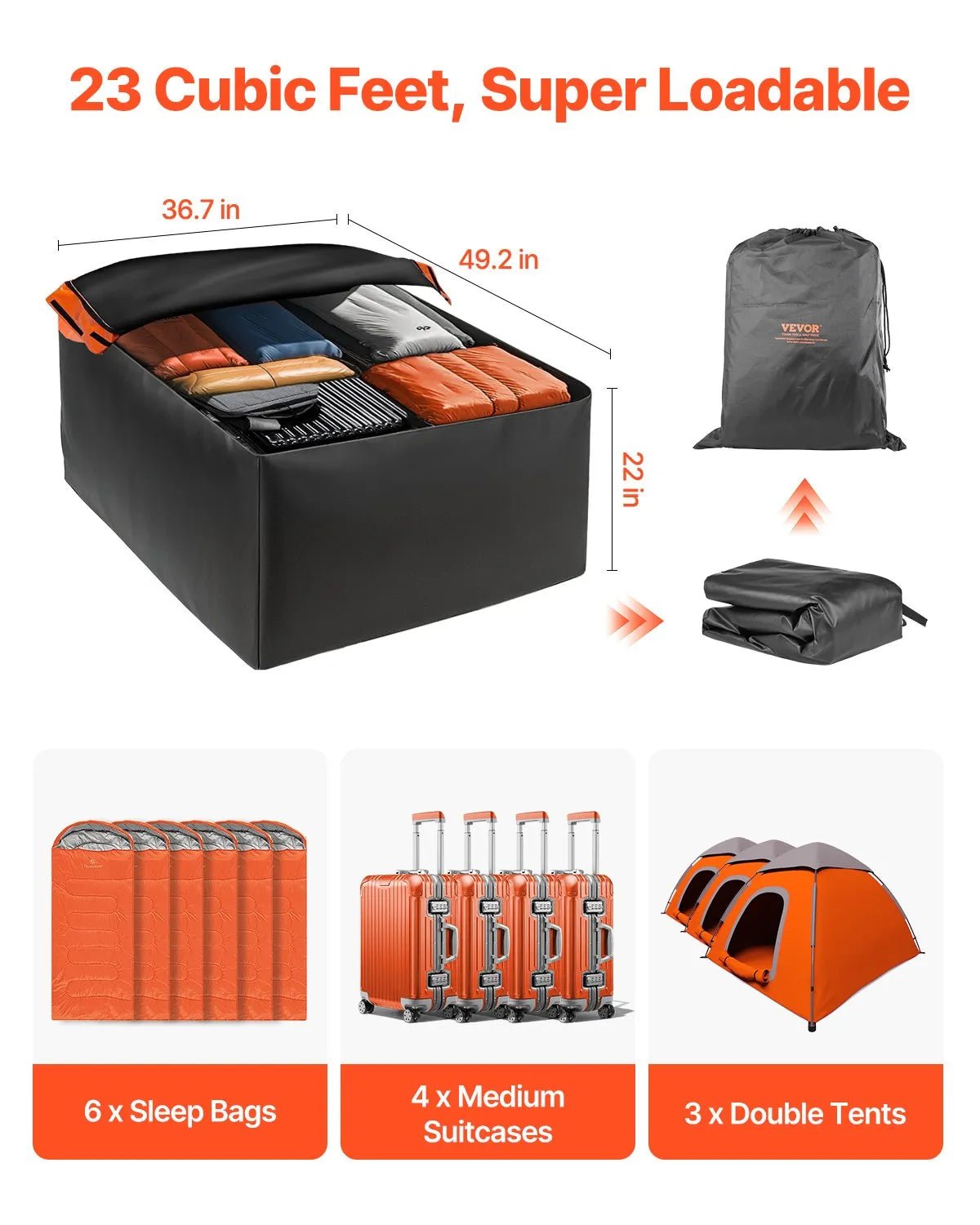 VEVOR auto jumta bagāžas soma 23 kubikpēdas (~651 l), izturīga 840D PVC 100% ūdensizturīga jumta kravas soma visiem auto ar vai bez jumta reliņiem, ar slēdzeni, pretslīdes paklāju un 6 durvju āķiem - ZEMLETES.LV