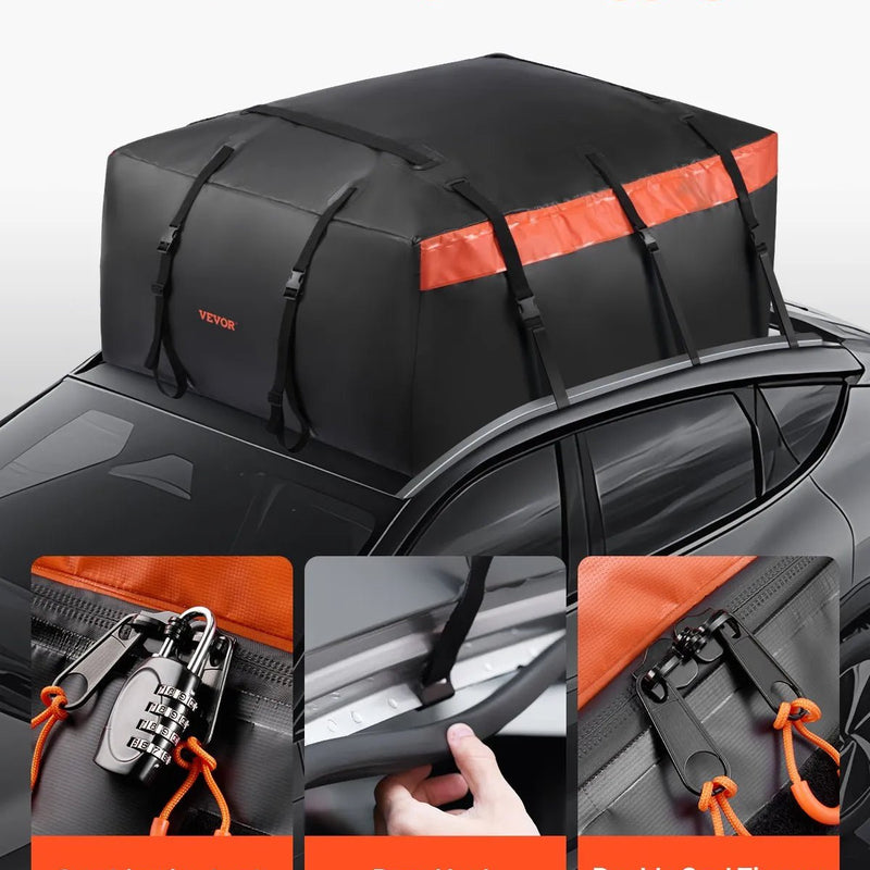 VEVOR auto jumta bagāžas soma 23 kubikpēdas (~651 l), izturīga 840D PVC 100% ūdensizturīga jumta kravas soma visiem auto ar vai bez jumta reliņiem, ar slēdzeni, pretslīdes paklāju un 6 durvju āķiem - ZEMLETES.LV