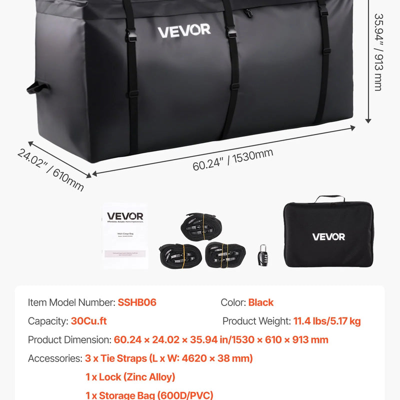 VEVOR piekabes bagāžas soma, ūdensizturīgs 840D PVC, 153 x 61 x 91 cm (850 l), izturīga kravas soma ar pastiprinātām siksnām, piemērota auto, SUV un furgonu piekabes bagāžas grozam - ZEMLETES.LV